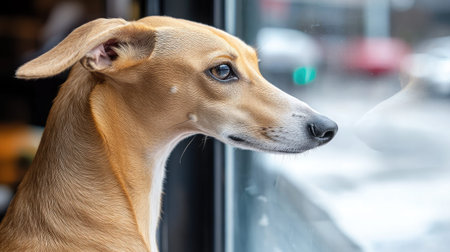 A sleek greyhound rests its nose on the window edge, watching the world flash byの素材