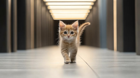 A kitten speeds through a hallway with skylights and modern concrete walls, tail flickingの素材