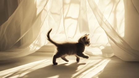 A little cat rushes past a hanging curtain and bright window, casting playful shadows on the floorの素材