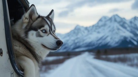 A Siberian husky pokes its head out of a truck window, icy mountains and open road behind itの素材