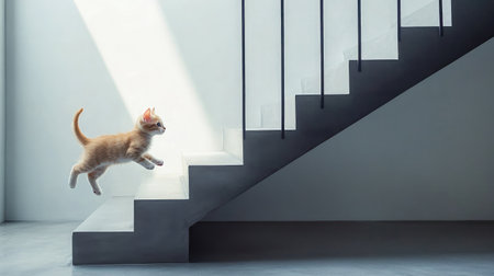 A kitten zooms down a set of stairs in a minimalist home with black railing and concrete floorsの素材