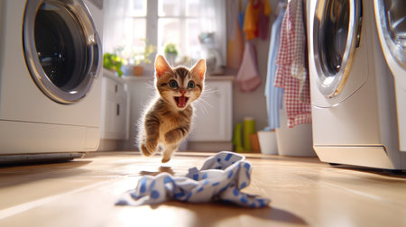 A small tabby races into the laundry room, scattering a few clothes on the floorの素材