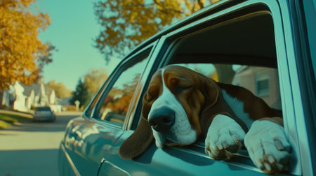 A sleepy basset hound leans against the window frame of a stopped car in a quiet neighborhoodの素材