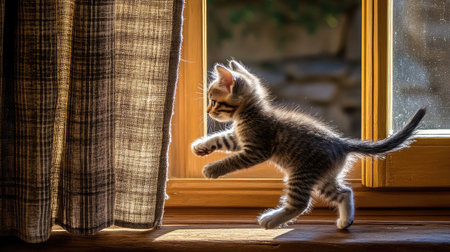 A kitten runs along a windowsill, brushing past long curtains and catching golden lightの素材