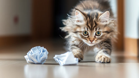 A young cat runs up a hallway, chasing a crumpled paper ball on the clean floorの素材