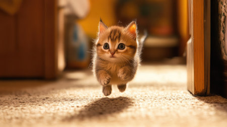 A tiny cat races down a carpeted hallway toward an open door in a warmly lit houseの素材