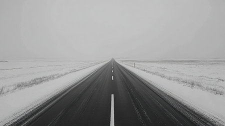 Minimalist road shot with sharp white lines dividing lanes through a snow-covered plainの素材