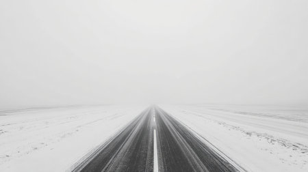 Minimalist road shot with sharp white lines dividing lanes through a snow-covered plainの素材