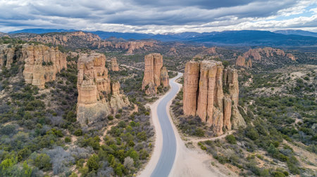 Road across high desert plateau with rock towers and sparse vegetation on both sidesの素材