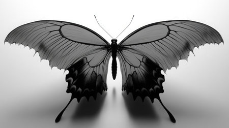 Abstract silhouette of a butterfly in flight, wings spread symmetrically on a white canvasの素材