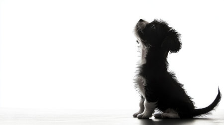 Cartoon silhouette of a playful puppy with wagging tail centered on white backgroundの素材