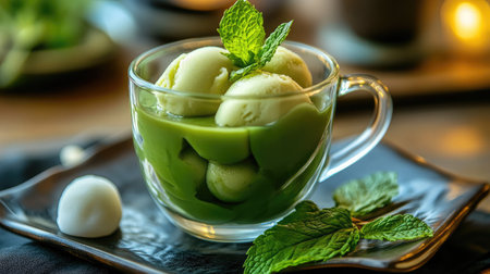 Green tea ice cream in a glass dessert cup with mochi balls and a mint leaf garnishの素材