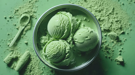 Homemade green tea ice cream in a tin container with scoop marks and matcha powder spilledの素材