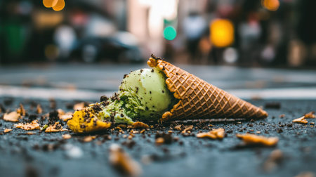 Ice cream cone dropped on ground with green tea ice cream melting into artistic messの素材