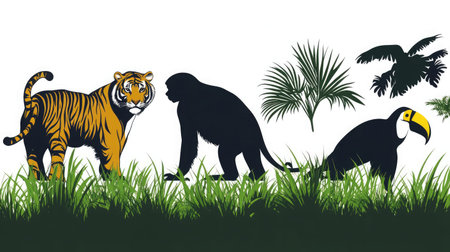 Layered vector silhouettes of jungle animals on white tiger, monkey, toucanの素材