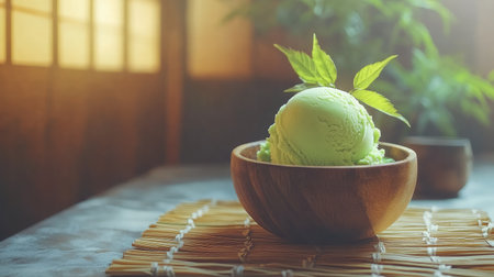 Rustic wooden bowl of green tea ice cream on woven straw mat with soft natural lightingの素材