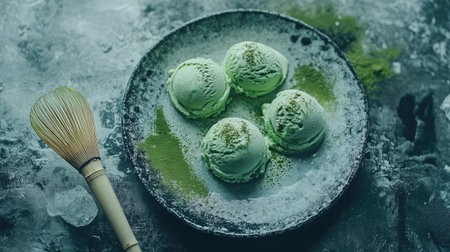 Overhead shot of green tea ice cream on a ceramic plate with artistic matcha brush strokesの素材