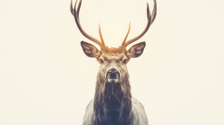 Wooden silhouette of a deer with antlers positioned against a bright white backgroundの素材