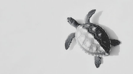 Turtle silhouette with shell details engraved, placed on bright white canvas with faint shadowの素材