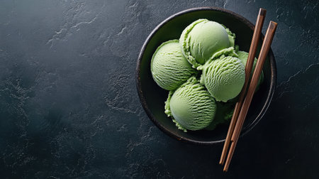 Rustic presentation of green tea ice cream with wooden chopsticks and antique dishwareの素材