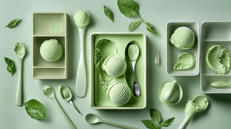 Vibrant green tea ice cream set against neutral pastel colors with symmetrical platingの素材