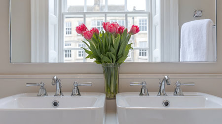 A large mirror behind twin basins reflecting ambient lighting and clutter-free setupの素材