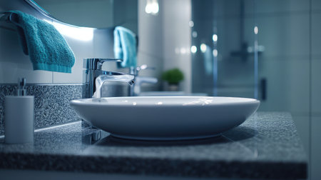 Backlit mirror with a halo glow, installed over a granite vanity top in a clean minimalist bathroomの素材