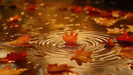 Close-up of ripples forming on a puddle as raindrops splash into the water, surrounded by scattered leavesの素材