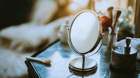 Compact bathroom mirror in a small space setup, reflecting simplicity and sparkling surfacesの素材