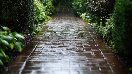 Brick walkway glistening with fresh rainfall, light bouncing off the wet surfaceの素材