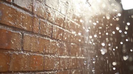 Brick wall soaked by rain, water stains forming as droplets continue to fallの素材