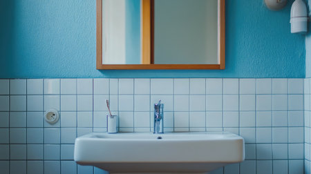 Chrome-framed bathroom mirror above a clean tiled backsplash and modern wall-mounted sinkの素材