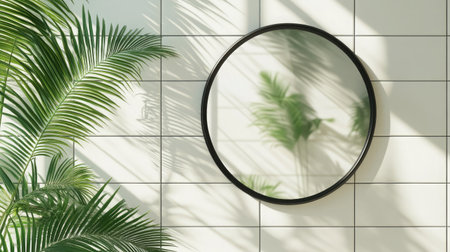 Circular bathroom mirror with black frame on a plain white tile wall reflecting natural lightの素材