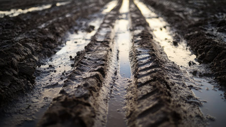 Fresh tire tracks in muddy ground after rainfall, puddles glistening between rutsの素材
