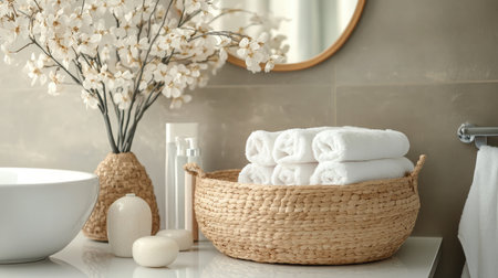 Hotel-style bathroom interior with polished tiles, fluffy towels, and disinfected surfacesの素材