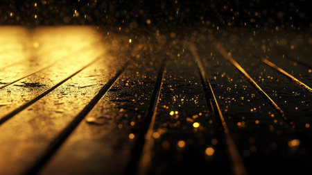 Rainfall bouncing off a tin roof, small splashes visible in dramatic lightingの素材