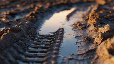 Fresh tire tracks in muddy ground after rainfall, puddles glistening between rutsの素材