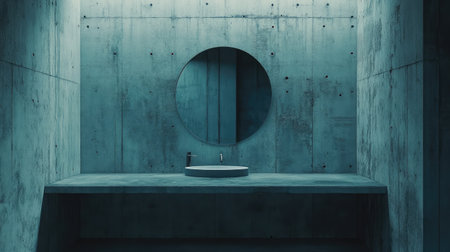 Minimalist round mirror above a floating sink, mounted on a textured concrete bathroom wallの素材