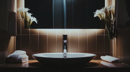 Minimalist bathroom setup with sparkling basin, folded hand towel, and no visible clutterの素材