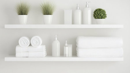 Organized bathroom shelf with white towels, sealed bottles, and decorative plants on spotless surfacesの素材
