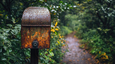 Rusty mailbox glistening with raindrops in a downpour on a rural roadの素材