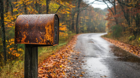 Rusty mailbox glistening with raindrops in a downpour on a rural roadの素材