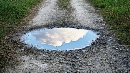 Shallow puddle reflecting storm clouds in a dirt path after a heavy rainの素材