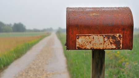 Rusty mailbox glistening with raindrops in a downpour on a rural roadの素材