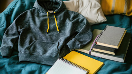 A hoodie arranged beside books and notebooks on a dorm room bed, suggesting academic life and styleの素材