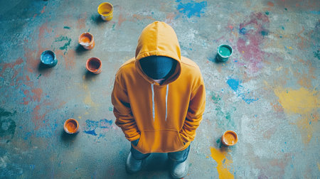 A hoodie on a painted concrete floor with scattered paint cans, suggesting an artistic and edgy themeの素材