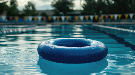 Foam pool noodle floating alone in shallow end of community swimming poolの素材