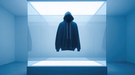A hoodie suspended by transparent threads in a lightbox, styled for floating product shoot aestheticの素材