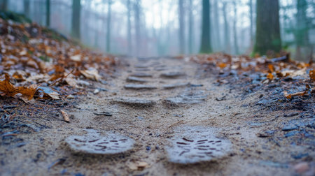 Fresh footprints on a dirt trail winding through a misty forest, with fallen leaves scattered on the groundの素材