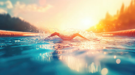 Distant view of a swimmer's trail in water, fading behind empty lanesの素材